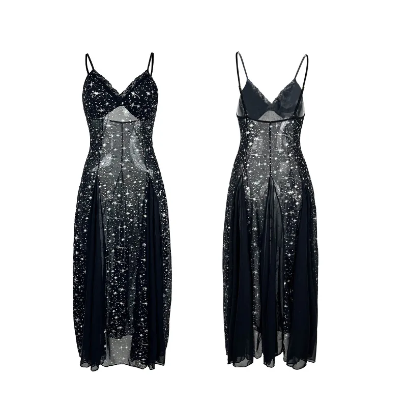 Women Black Glitter Mesh Midi Slip Dress Eyelash Lace V Neck Straps Double Side Slit Sheer Layered Night Lingerie Gown LBDY
Women Black Glitter Mesh Midi Slip Dress Eyelash Lace V Neck Straps Double Side Slit Sheer Layered Night Lingerie Gown LBDY