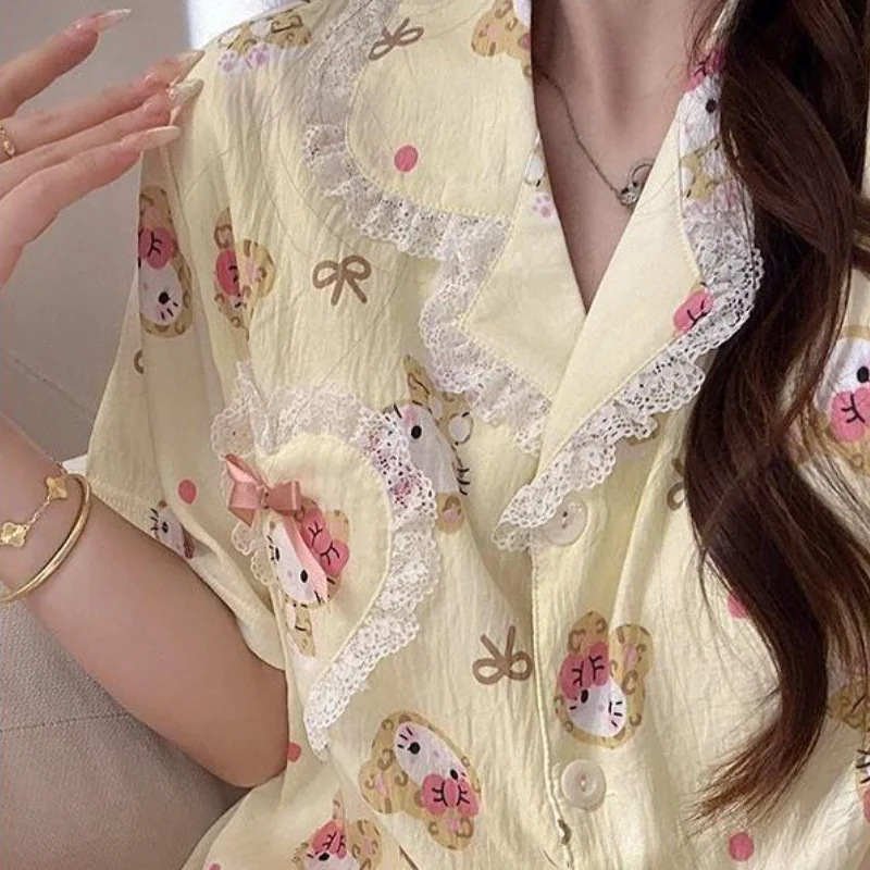 New Sanrio Hello Kitty Pajamas Set Lace Trim Women Home Summer Cartoon New Sleepwear Short Sleeve Shorts Kawaii Nightwear Set
New Sanrio Hello Kitty Pajamas Set Lace Trim Women Home Summer Cartoon New Sleepwear Short Sleeve Shorts Kawaii Nightwear Set