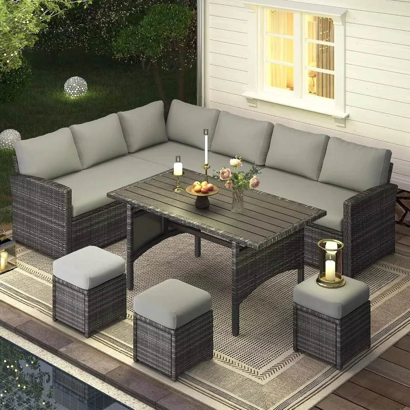 Patio Furniture Set with Cover, 7 PCS Outdoor Sectional Conversation Rattan Sofa Couch with High Dining Table & Ottoman, Grey
Patio Furniture Set with Cover, 7 PCS Outdoor Sectional Conversation Rattan Sofa Couch with High Dining Table & Ottoman, Grey