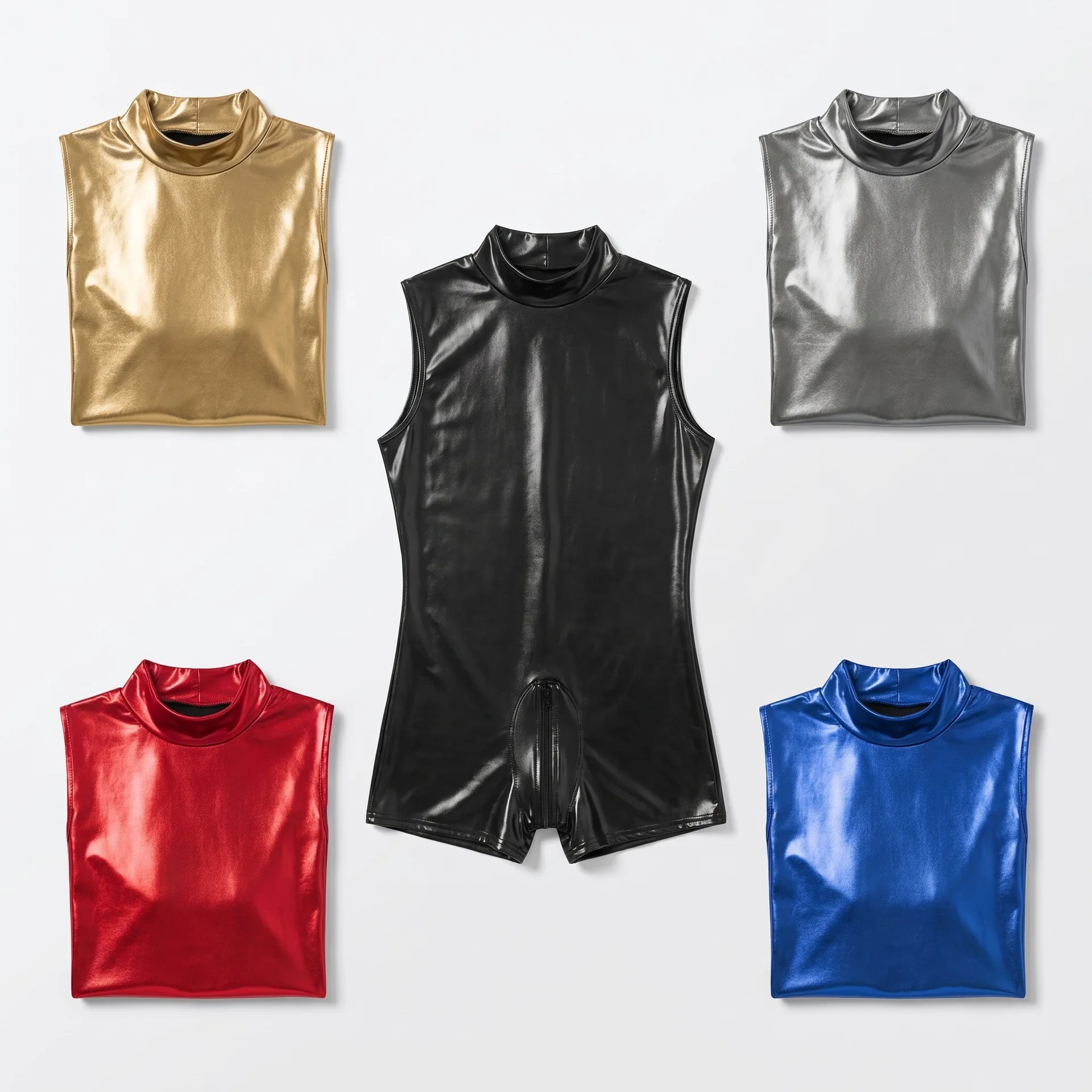 Male High Collar Patent Leather Bodysuit Sleeveless Wet Look PVC Playsuits Shiny Tights Zipper Convex Pouch Club Stage Costume
Male High Collar Patent Leather Bodysuit Sleeveless Wet Look PVC Playsuits Shiny Tights Zipper Convex Pouch Club Stage Costume