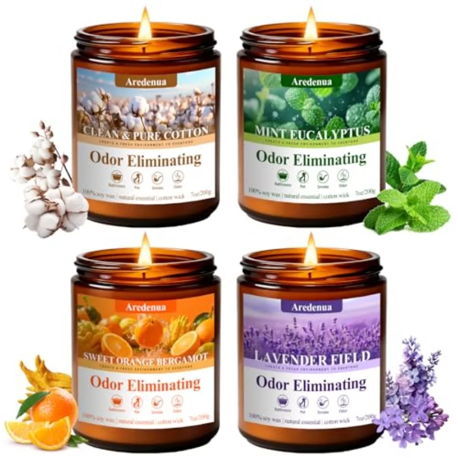 4 Pack Odor Eliminating Candles Set - Eliminates 95% of Pet, Smoke, Food and Other Smells - Hand Poured Non-Toxic Soy Candle, A
4 Pack Odor Eliminating Candles Set - Eliminates 95% of Pet, Smoke, Food and Other Smells - Hand Poured Non-Toxic Soy Candle, A
