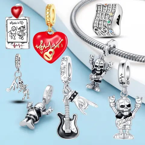 S925 Gümüş Müzik Temalı Sallanır Takı Taşı Rock Kafatası Gitar Tasarımlı Kolye Müzik Severler Rock Tutkunları Bileklik Kendin Yap Yapımı İçin