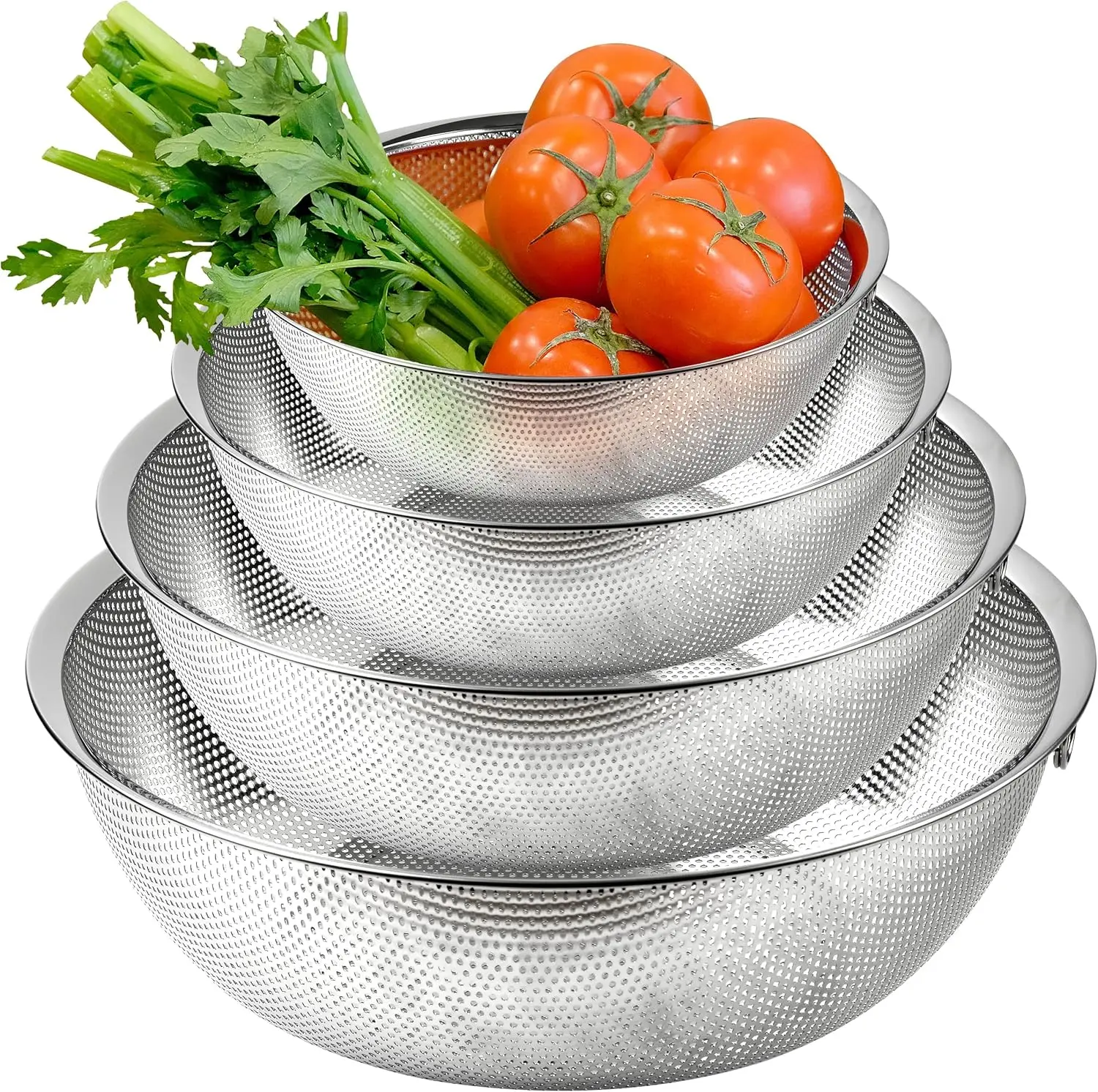 Premium 18/8 304 Stainless Steel Micro-Perforated Small and Big Colander Set of 4 with rings - 3.5-5.5-7.5-9.5 Quart Set
Premium 18/8 304 Stainless Steel Micro-Perforated Small and Big Colander Set of 4 with rings - 3.5-5.5-7.5-9.5 Quart Set