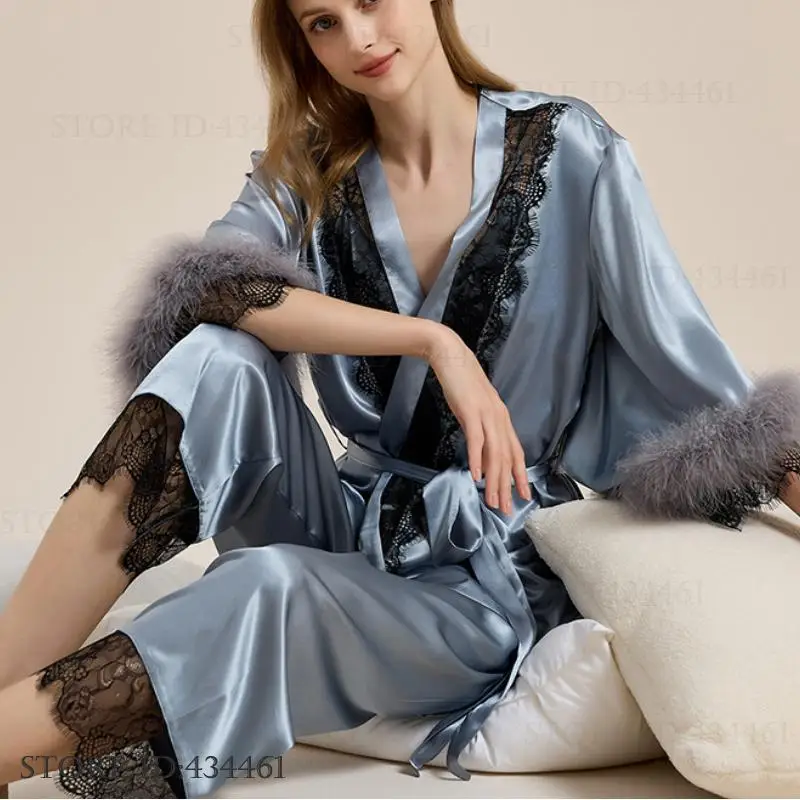 Female 3PCS Pajamas Set Sleepwear Sexy Patchwork Lace Feather Night Wear Pyjama Pour Femme Loose Silk Satin Home Clothes Pyjama 
Female 3PCS Pajamas Set Sleepwear Sexy Patchwork Lace Feather Night Wear Pyjama Pour Femme Loose Silk Satin Home Clothes Pyjama