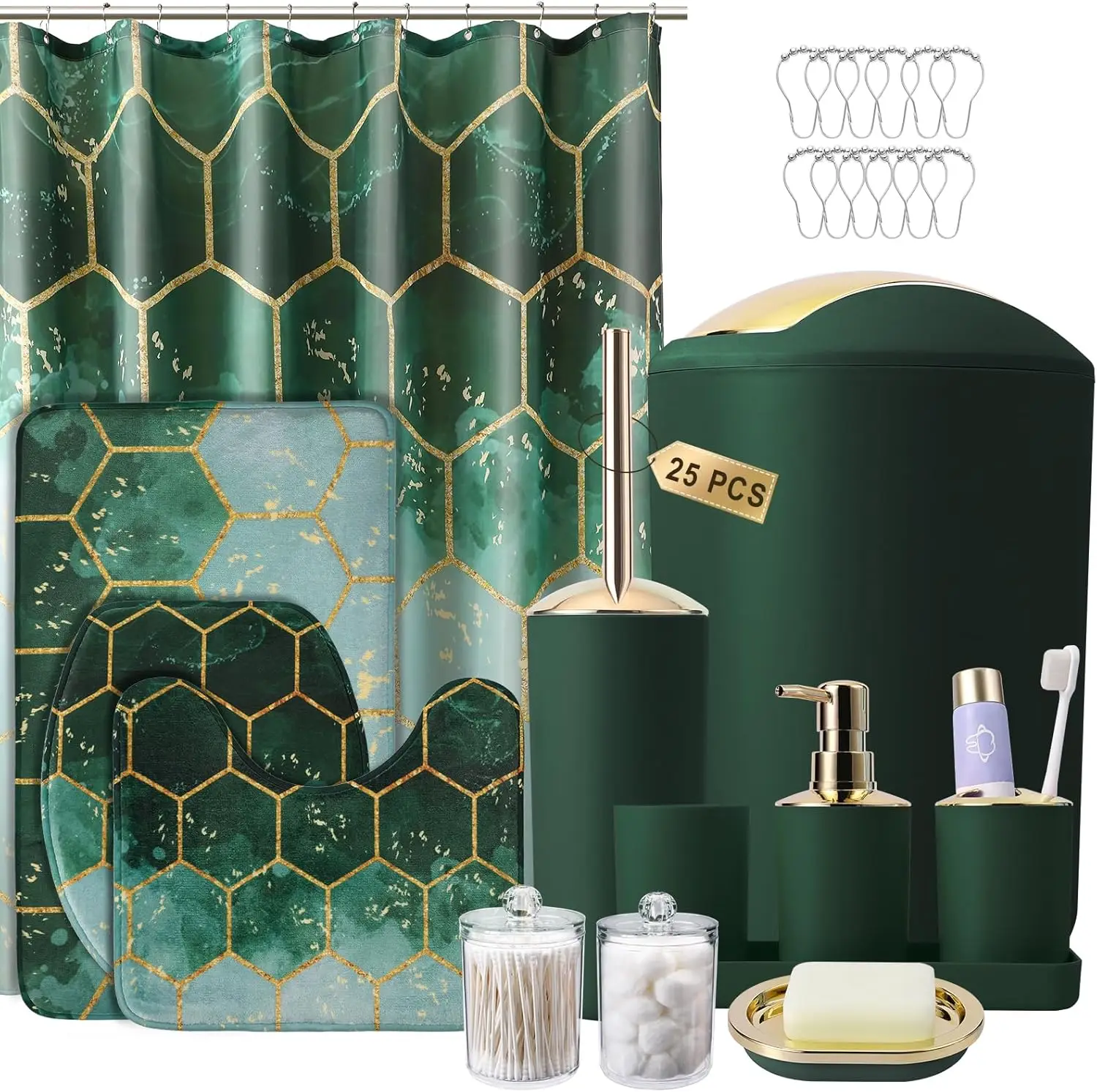 25-Piece Green & Gold Bathroom Set with Shower Curtain, Rugs, Trash Can & Accessories
25-Piece Green & Gold Bathroom Set with Shower Curtain, Rugs, Trash Can & Accessories