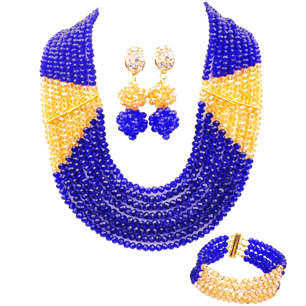 Royal Blue and Champagne Gold AB Bead Necklace Sets, Bracelet Earrings, African Jewelry
Royal Blue and Champagne Gold AB Bead Necklace Sets, Bracelet Earrings, African Jewelry