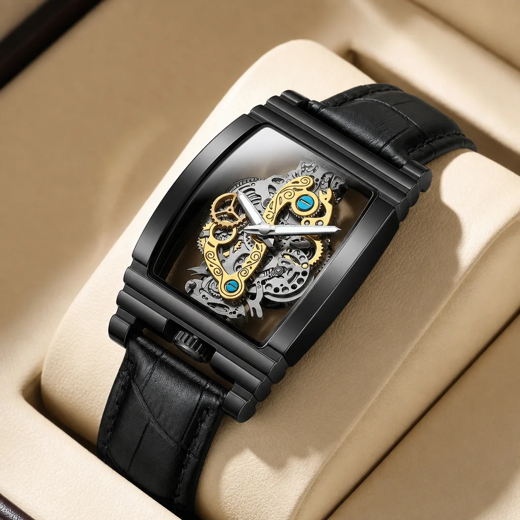 1pcs Stylish Skeleton Mechanical Watch Square Case Black Leather Strap Unique Gear Modern Fashion Wristwatch For Men Tre
1pcs Stylish Skeleton Mechanical Watch Square Case Black Leather Strap Unique Gear Modern Fashion Wristwatch For Men Tre