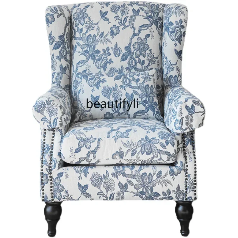 Zqfrench fabric sofa, single bedroom, living room, blue and white, wooden chair
Zqfrench fabric sofa, single bedroom, living room, blue and white, wooden chair