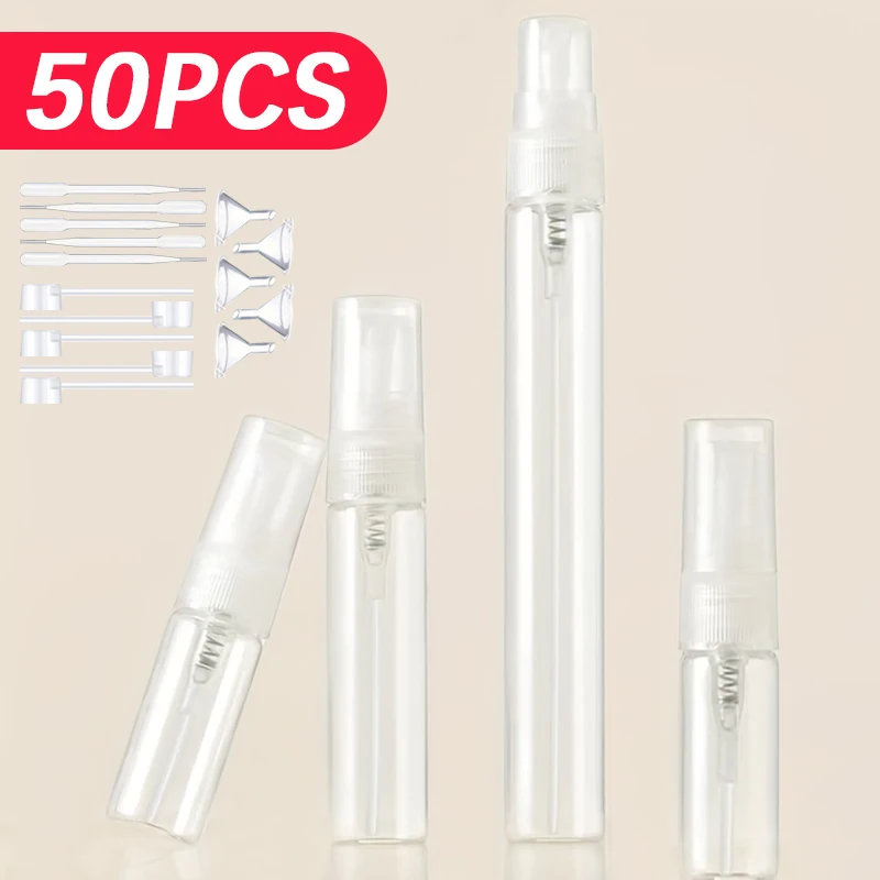 50pcs 3ml/5ml/10ml refillable glass spray bottle, including 50 spray bottles, 5 droppers, 5 funnels and 5 dispensing pumps
50pcs 3ml/5ml/10ml refillable glass spray bottle, including 50 spray bottles, 5 droppers, 5 funnels and 5 dispensing pumps