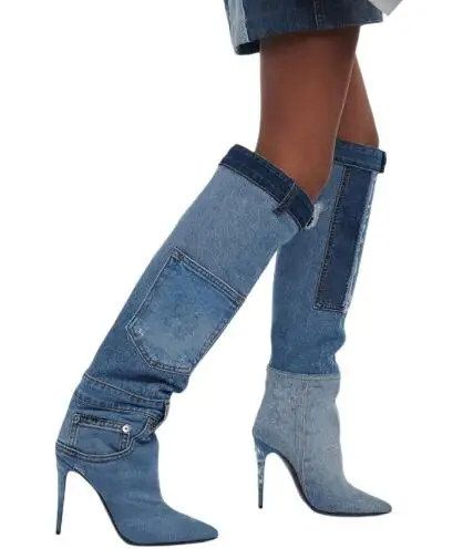 Drop Shipping Women Fashion Blue Black Jeans Denim Slim Pointed Toe Pocket Thin Heels Knee High Boots Female Street Long Botas
Drop Shipping Women Fashion Blue Black Jeans Denim Slim Pointed Toe Pocket Thin Heels Knee High Boots Female Street Long Botas
