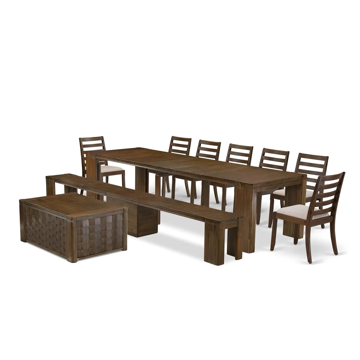 10-Pc Dining Set Rectangle Table Coffee Table Stackable Chairs Bench 39x120 Inch Walnut Customized
10-Pc Dining Set Rectangle Table Coffee Table Stackable Chairs Bench 39x120 Inch Walnut Customized