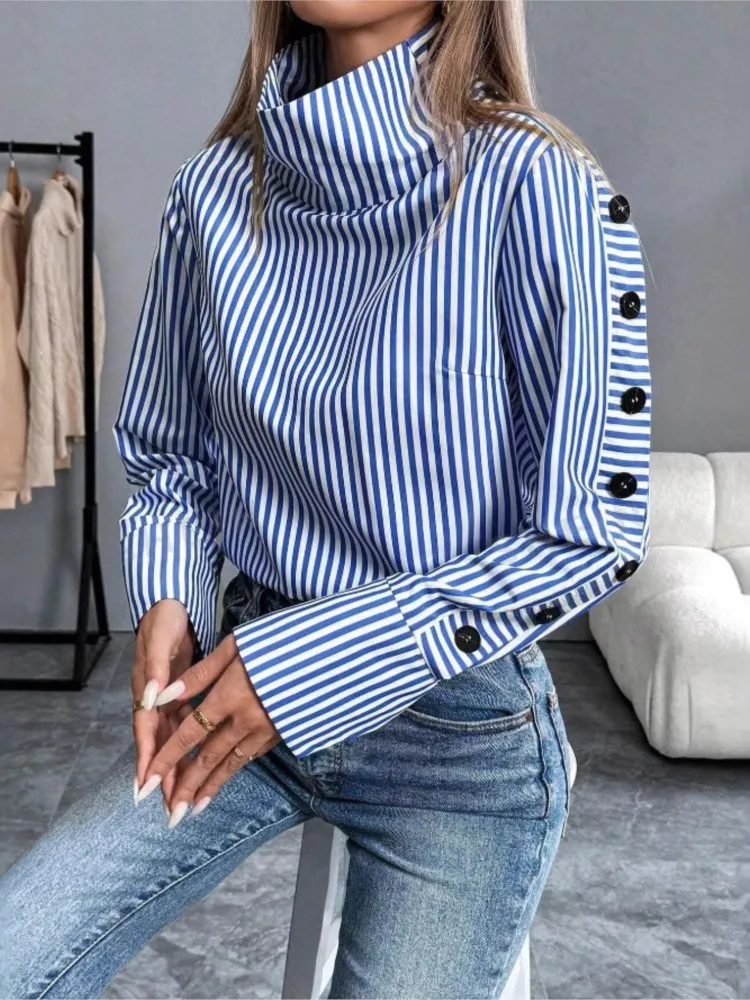 Fashion Blue Stripe Shirt Top Spring Autumn New Long Sleeved Top For Women Elegant Office Lady Spliced Buttons Pullover Blouse
Fashion Blue Stripe Shirt Top Spring Autumn New Long Sleeved Top For Women Elegant Office Lady Spliced Buttons Pullover Blouse