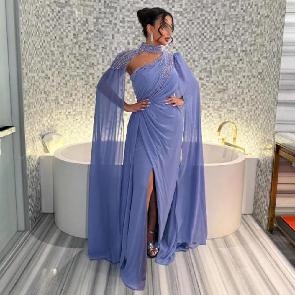 Customized Lavender Evening Dresses with Cape One Shoulder Beading Formal Wedding Guest Dress Slit Chiffon فساتين سهر
Customized Lavender Evening Dresses with Cape One Shoulder Beading Formal Wedding Guest Dress Slit Chiffon فساتين سهر