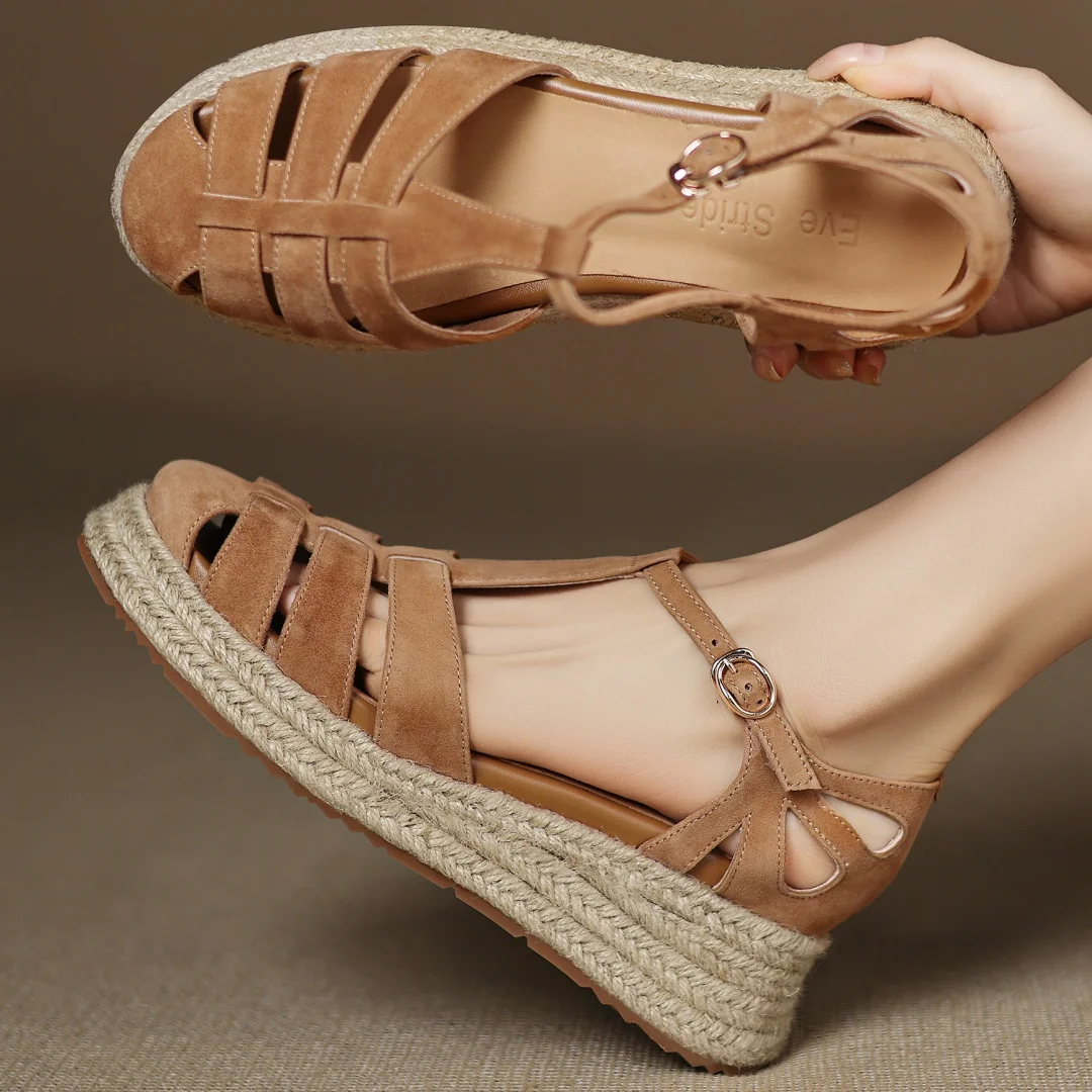 Women's natural suede leather narrow band braided t-strap thick sole platform flats sandals round toe hemp casual female shoes
Women's natural suede leather narrow band braided t-strap thick sole platform flats sandals round toe hemp casual female shoes