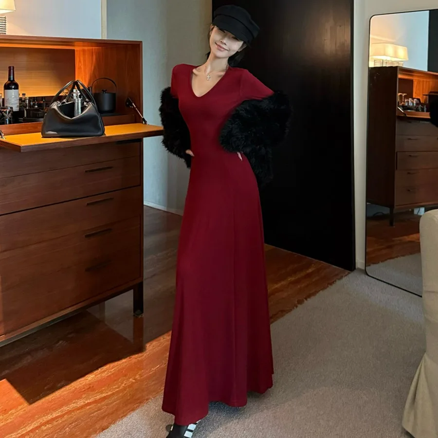 Chic Korean Sle Knitted Dr Women's V-Ne Slimming Base Layer Multi-Color Long Dr Pure Desire Retro Sexy Faion
Chic Korean Sle Knitted Dr Women's V-Ne Slimming Base Layer Multi-Color Long Dr Pure Desire Retro Sexy Faion