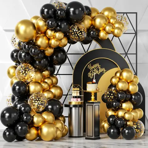 100Pcs Black Gold Metallic Chrome and Gold Confetti Balloons Garland Kit with Balloon Tape for Elegant Wedding Birthday Graduat