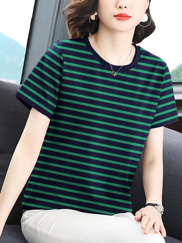 Loose Striped Short Sleeve T-Shirt Women Summer New Style Big Size Slimming Casual Breathable Cotton Polyester Blend Top
Loose Striped Short Sleeve T-Shirt Women Summer New Style Big Size Slimming Casual Breathable Cotton Polyester Blend Top