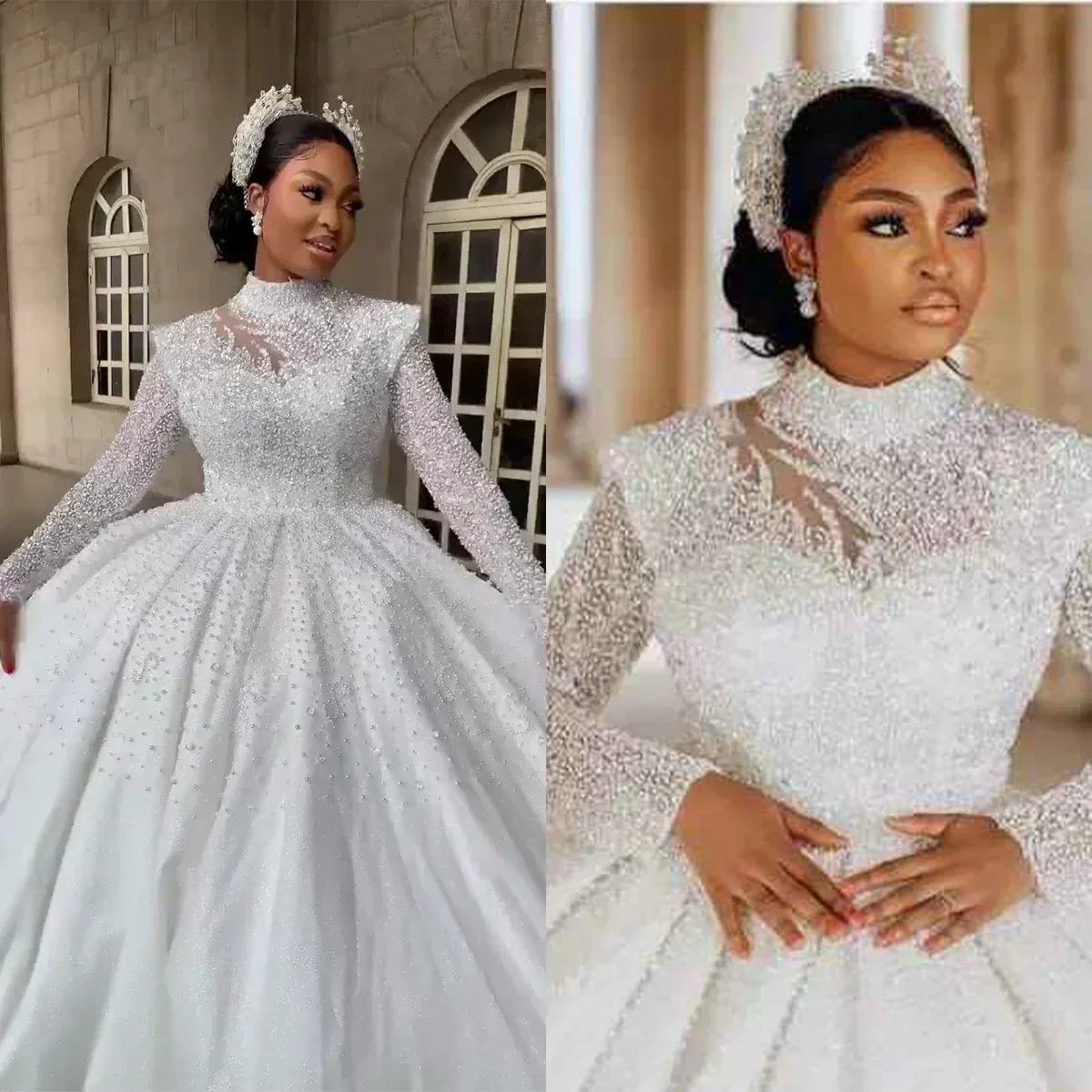Customized High Neck Full Crystals Beads Ballgown Puffy Wedding Dress Illusion Long Sleeves Luxury African Bridal Gown
Customized High Neck Full Crystals Beads Ballgown Puffy Wedding Dress Illusion Long Sleeves Luxury African Bridal Gown