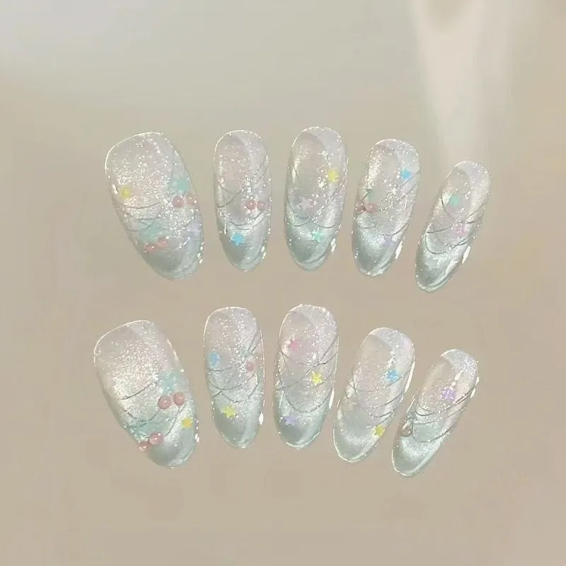10 Pieces Spring and Summer Romantic Small Fresh Handmade Press On Nails Mint Crystal Cherry Stars Translucent False Nails
10 Pieces Spring and Summer Romantic Small Fresh Handmade Press On Nails Mint Crystal Cherry Stars Translucent False Nails