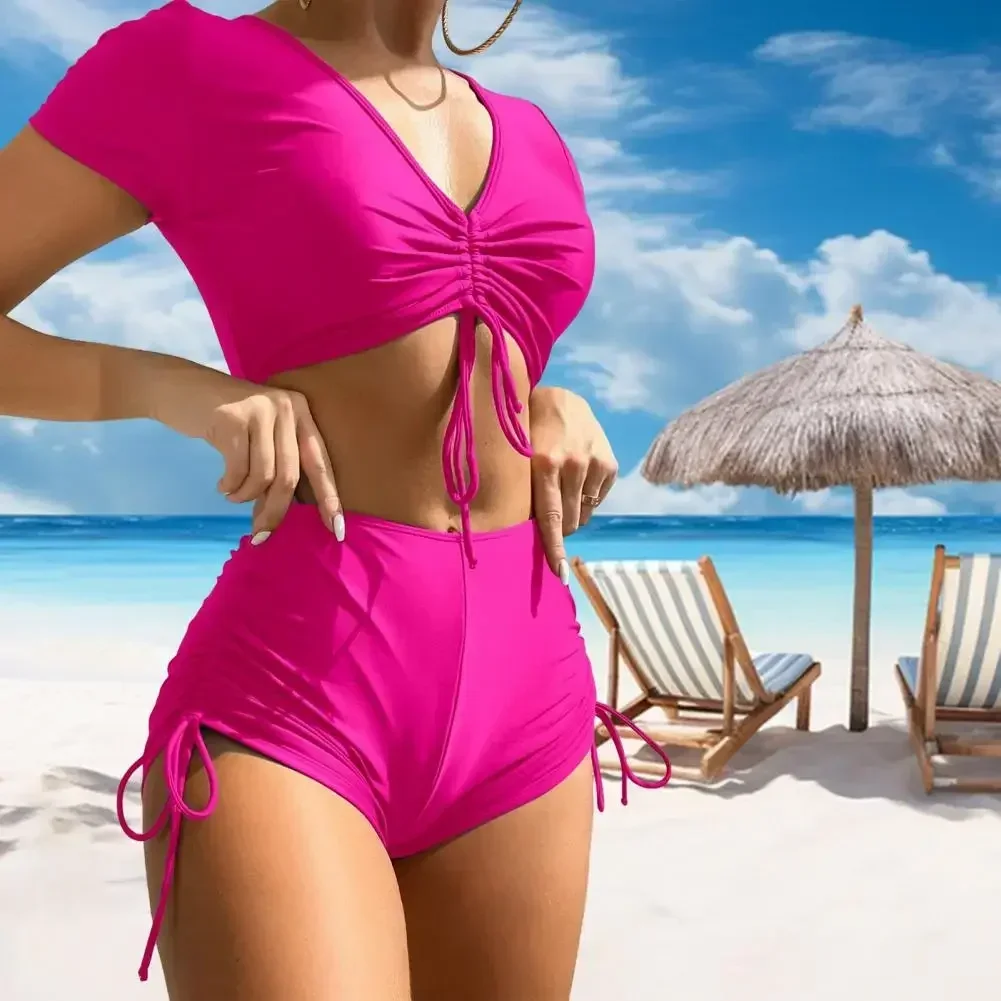 2Pcs/Set Summer Bikini Set V-Neck Short Sleeve Tops High Waist Drawstring Swimming Trunks Solid Color Quick Drying Swimsuit
2Pcs/Set Summer Bikini Set V-Neck Short Sleeve Tops High Waist Drawstring Swimming Trunks Solid Color Quick Drying Swimsuit