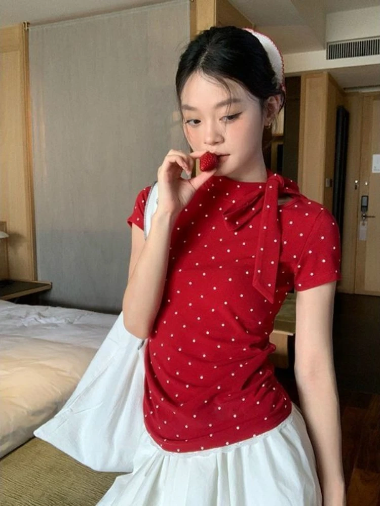 Polka Dot Half Sleeve Slim Bow Mujer Camisetas Lace Up Spice Girls Lace Patchwork T-shirt Casual Elegant Moda Tops
Polka Dot Half Sleeve Slim Bow Mujer Camisetas Lace Up Spice Girls Lace Patchwork T-shirt Casual Elegant Moda Tops