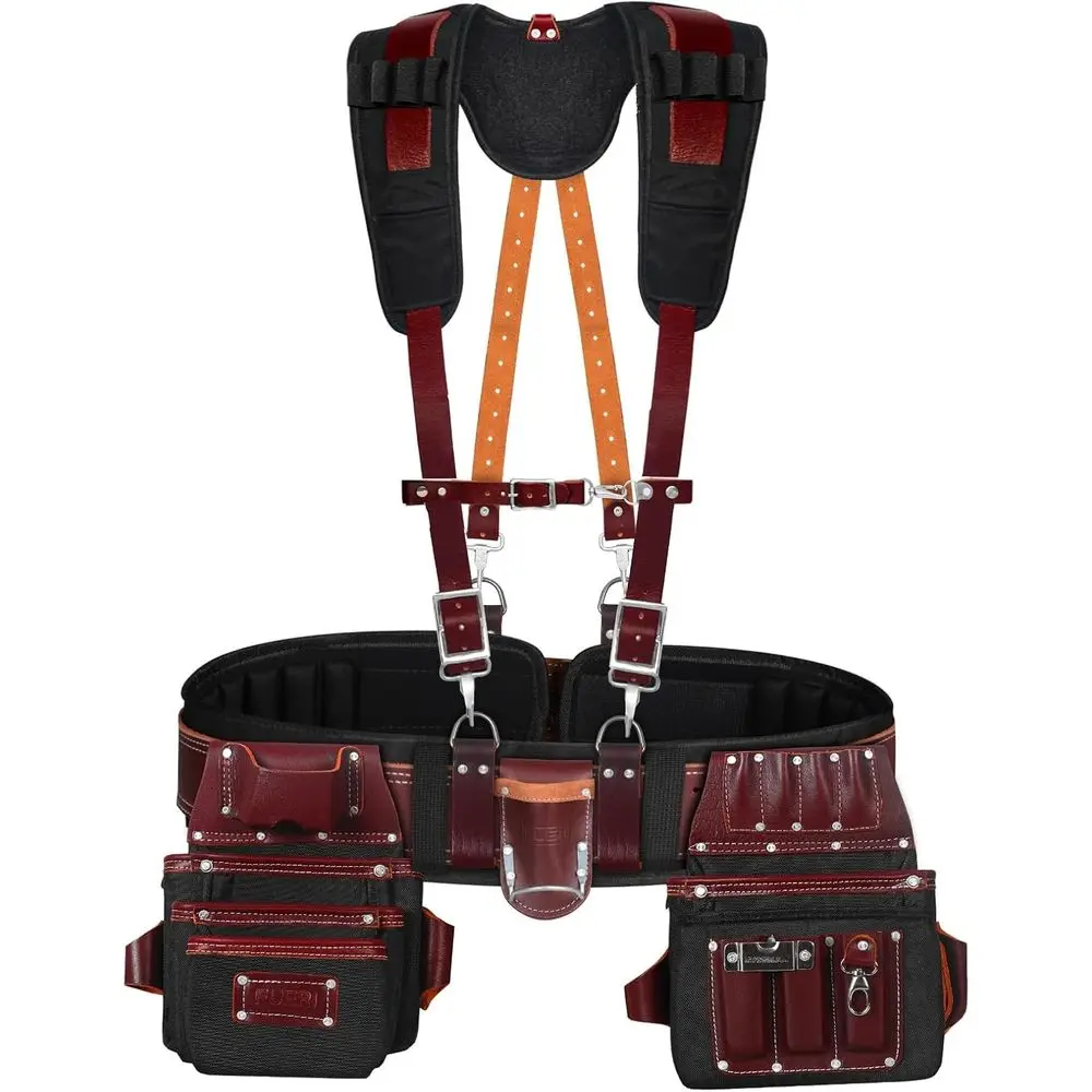 Heavy-Duty 26-Pocket Leather-Nylon Tool Belt with Comfortable Back Support and Adjustable Suspenders for Electricians, Carpenter
Heavy-Duty 26-Pocket Leather-Nylon Tool Belt with Comfortable Back Support and Adjustable Suspenders for Electricians, Carpenter