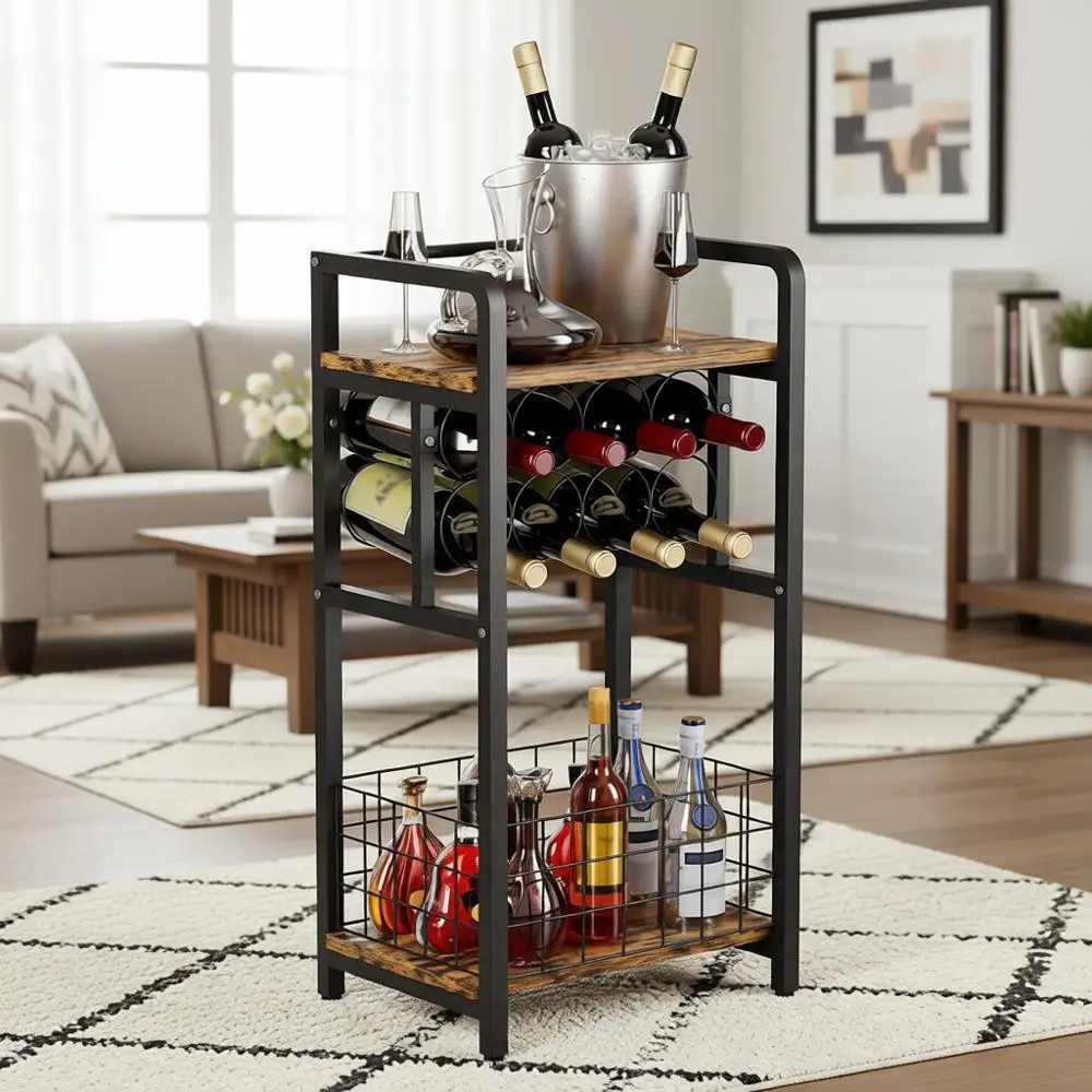 3-Tier Wine Rack with Wooden Top, Liquor Stand for Small Spaces, Metal Frame, Ideal for Home Bar, Kitchen, Cellar, Living Room -
3-Tier Wine Rack with Wooden Top, Liquor Stand for Small Spaces, Metal Frame, Ideal for Home Bar, Kitchen, Cellar, Living Room -