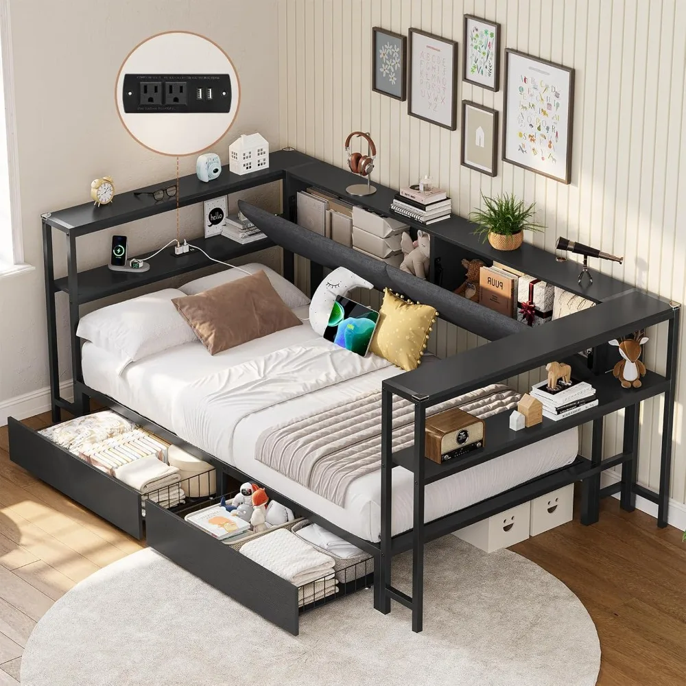 Twin Size Daybeds with Charging Station Metal Platform Bed Frame, Twin Corner Bed Frame with 2 Drawers and Hidden Storage Space
Twin Size Daybeds with Charging Station Metal Platform Bed Frame, Twin Corner Bed Frame with 2 Drawers and Hidden Storage Space