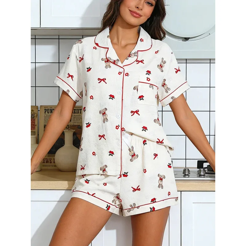 Cute Bunny Bow Cherry Print Women Pajamas Cardigan Lapel Short Sleeve Shorts 2 Piece Set Spring Summer Homewear
Cute Bunny Bow Cherry Print Women Pajamas Cardigan Lapel Short Sleeve Shorts 2 Piece Set Spring Summer Homewear