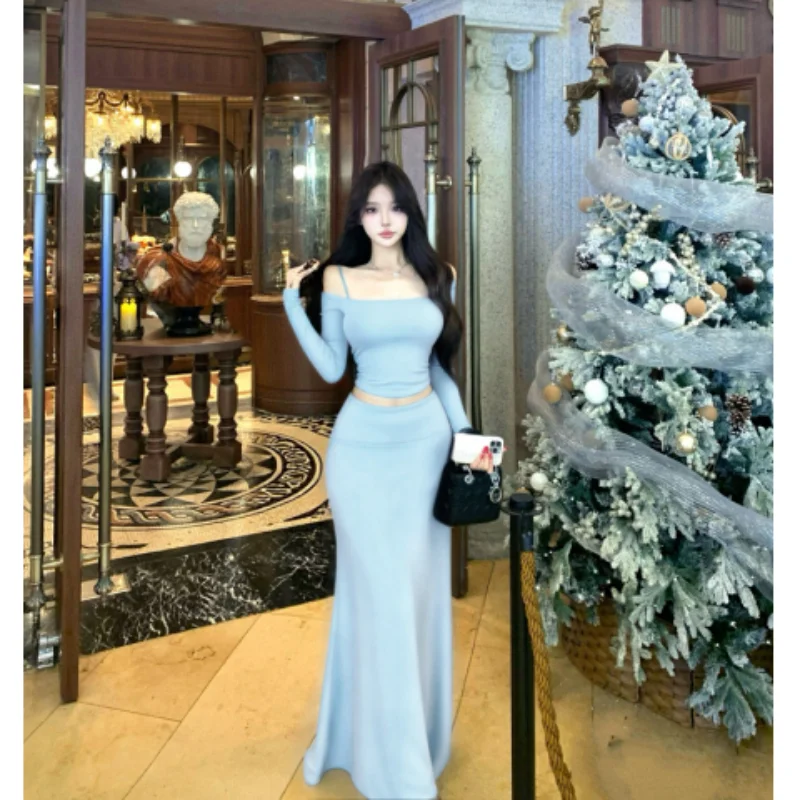 Gentle Blue One-Shoulder Long Sleeve T-Shirt Set High Waist Skirt Two-Piece Casual Style Women's Fashion Spring Summer
Gentle Blue One-Shoulder Long Sleeve T-Shirt Set High Waist Skirt Two-Piece Casual Style Women's Fashion Spring Summer