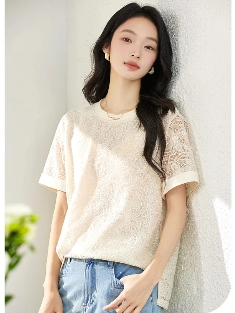 VIMLY Lace Short Sleeve Women's Summer 2025 Elegant Embroidery Bead Apricot Crew Neck Casual T-shirt Woman chemises femmes A1900
VIMLY Lace Short Sleeve Women's Summer 2025 Elegant Embroidery Bead Apricot Crew Neck Casual T-shirt Woman chemises femmes A1900