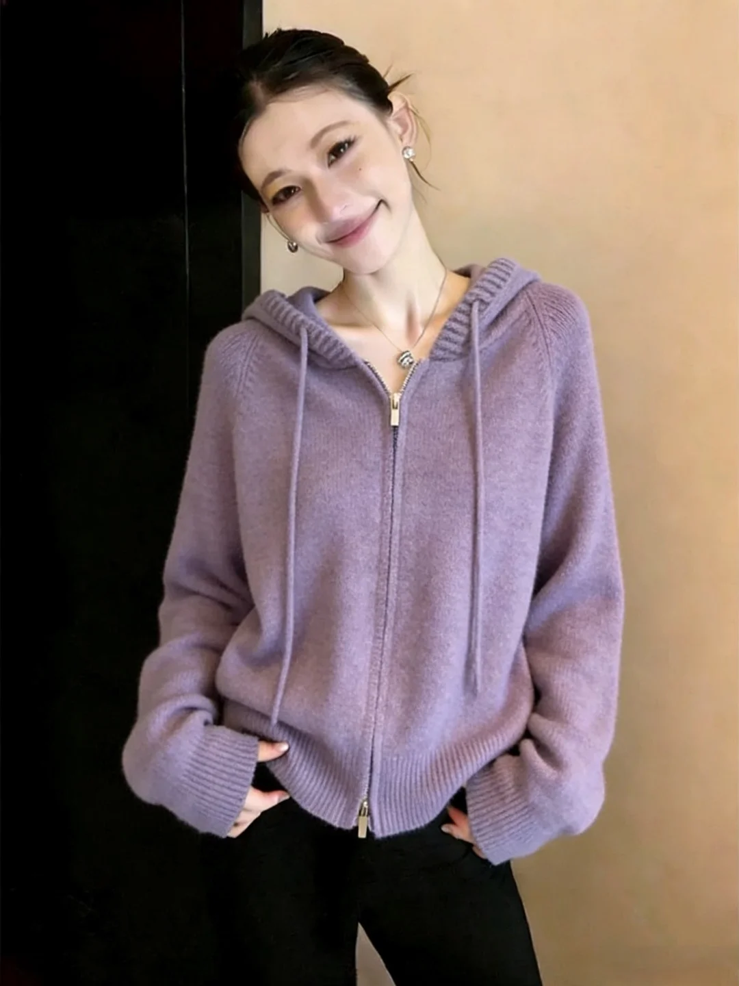 Soft Purple Hooded Knitted Open Cardigan Double Zipper Women's Autumn Winter Sweater Jacket Super Cute And Warm Loose Fit Style
Soft Purple Hooded Knitted Open Cardigan Double Zipper Women's Autumn Winter Sweater Jacket Super Cute And Warm Loose Fit Style