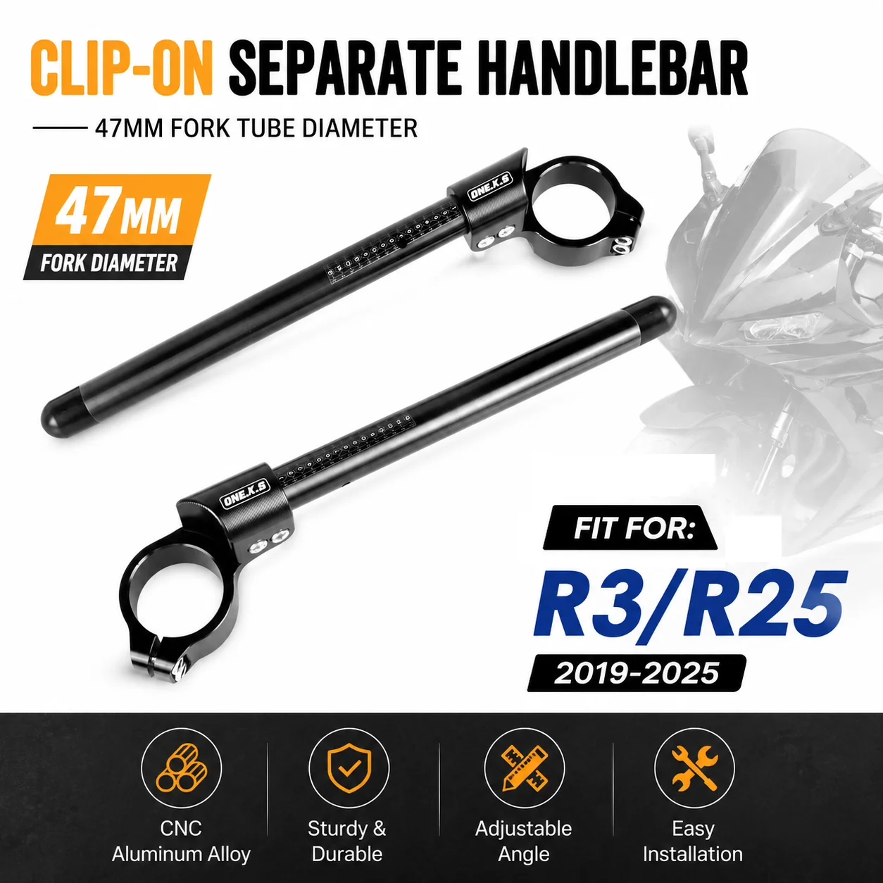 47MM Motorcycle Handlebar Clip-Ons Fork Handle Bars Clip ons For YAMAHA YZF-R3 R25 2019-2026
47MM Motorcycle Handlebar Clip-Ons Fork Handle Bars Clip ons For YAMAHA YZF-R3 R25 2019-2026