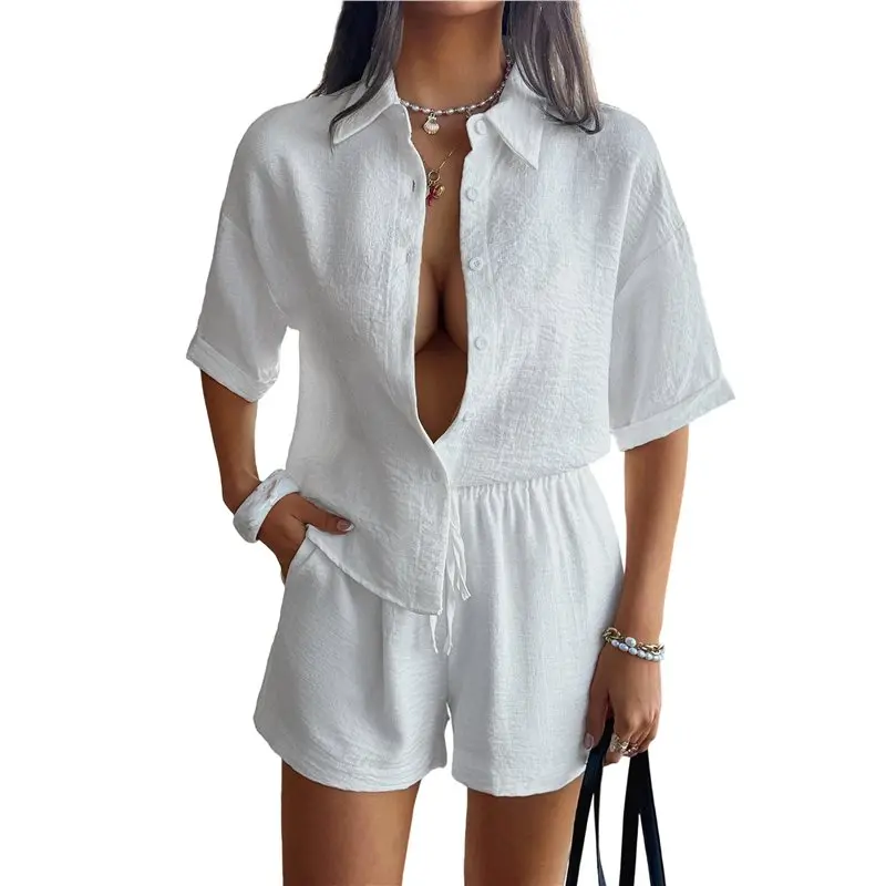 CYL-Women 2 Piece Outfits Short Sleeve Button Down Blouse And Shorts Sweatsuit Sets
CYL-Women 2 Piece Outfits Short Sleeve Button Down Blouse And Shorts Sweatsuit Sets