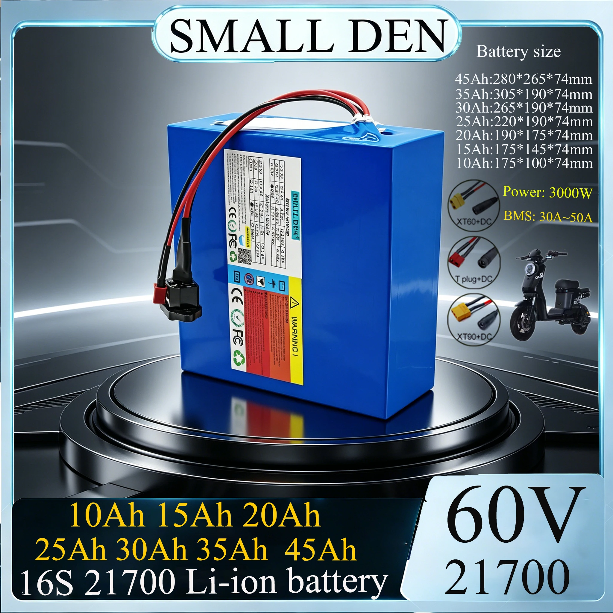 NEW 60V 10Ah 15Ah 20Ah 25Ah 30Ah 35Ah 40Ah 45Ah 21700 Lithium battery pack For 3000W E-scooter motorcycle tricycle BMS
NEW 60V 10Ah 15Ah 20Ah 25Ah 30Ah 35Ah 40Ah 45Ah 21700 Lithium battery pack For 3000W E-scooter motorcycle tricycle BMS