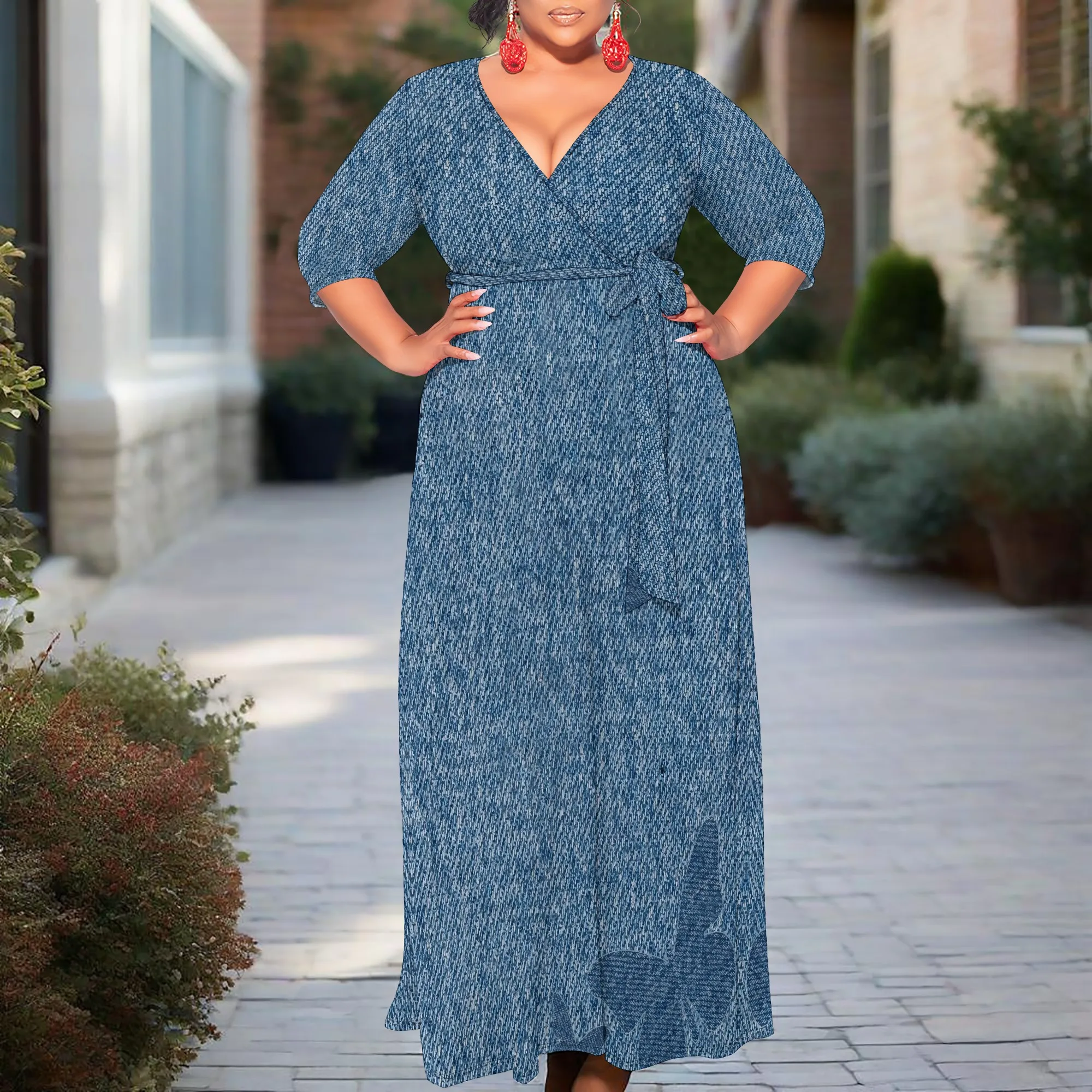 Blue Textured Denim Look Maxi Dress with Belt - Casual V-Neck Wrap Style for Summer
Blue Textured Denim Look Maxi Dress with Belt - Casual V-Neck Wrap Style for Summer