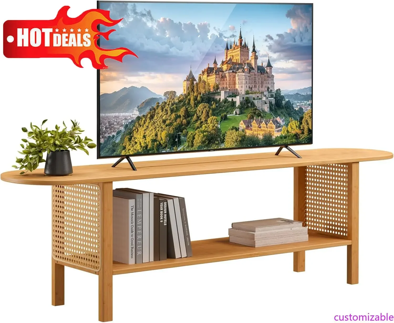 Customizable-Bamboo TV Stand With Storage For TVs Up To 65", Modern Entertainment Center With Rattan Side, Accent TV Table
Customizable-Bamboo TV Stand With Storage For TVs Up To 65", Modern Entertainment Center With Rattan Side, Accent TV Table