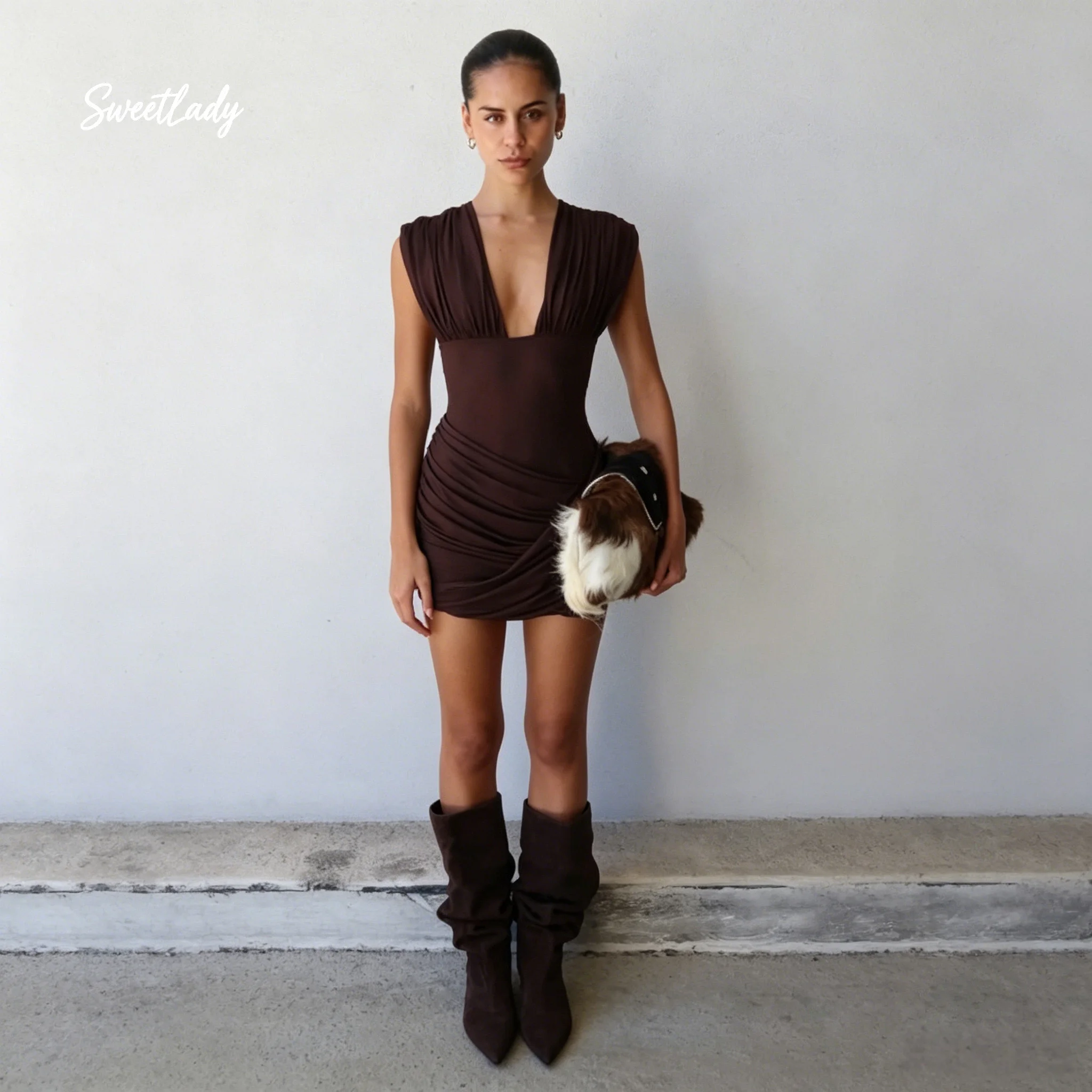 SweetLady Chocolate Brown Deep V Neck Mini Dress, Cap Sleeve Ruched Bodycon Gown for Cocktail Parties & Night Out
SweetLady Chocolate Brown Deep V Neck Mini Dress, Cap Sleeve Ruched Bodycon Gown for Cocktail Parties & Night Out