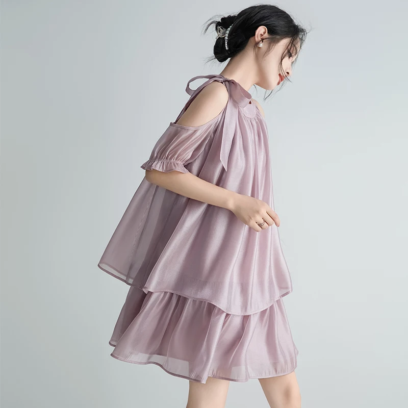 Lilac Purple Short Sleeve Shoulder Bared Women's Dress Original Design Summer New Knot Hanging Neck A-Line Skirt
Lilac Purple Short Sleeve Shoulder Bared Women's Dress Original Design Summer New Knot Hanging Neck A-Line Skirt
