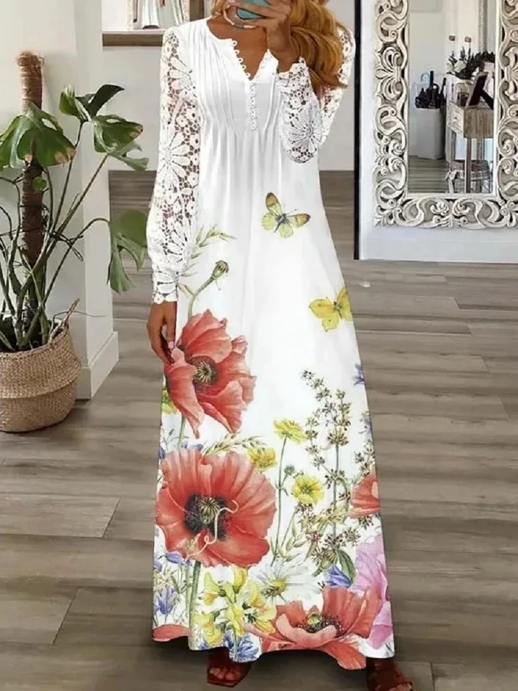 Autumn Elegant White Lace Maxi Dresses Women Patchwork Long Sleeve V-neck Casual Beach Holiday Long Dresses Vestidos Robe Femme
Autumn Elegant White Lace Maxi Dresses Women Patchwork Long Sleeve V-neck Casual Beach Holiday Long Dresses Vestidos Robe Femme