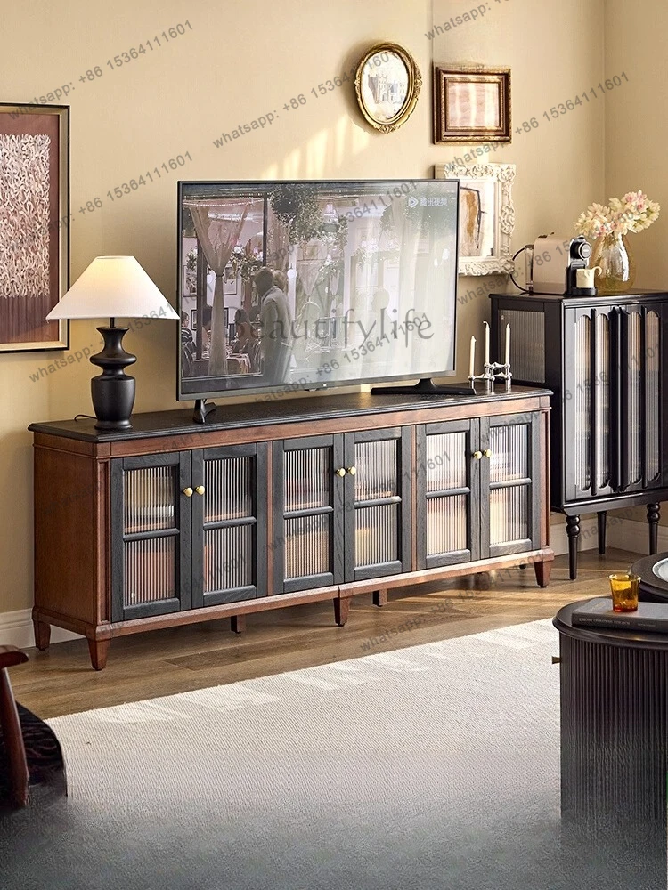 American retro solid wood TV cabinet with integrated storage and storage, black TV cabinet
American retro solid wood TV cabinet with integrated storage and storage, black TV cabinet