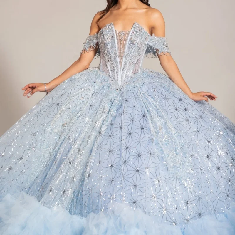 Light Blue Quinceanera Dress off-shoulder Glitter Decal Lace Layering Long tail Bow vestidos de 15 Quinceanera Customize
Light Blue Quinceanera Dress off-shoulder Glitter Decal Lace Layering Long tail Bow vestidos de 15 Quinceanera Customize