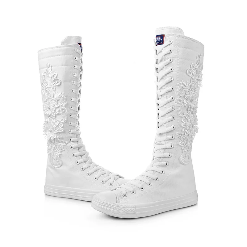Women's Knee High Canvas Boots Flower Embroidery White Lace Up Casual Sneakers Flat Platform Shoes for Women Fashion Woman Shoes
Women's Knee High Canvas Boots Flower Embroidery White Lace Up Casual Sneakers Flat Platform Shoes for Women Fashion Woman Shoes