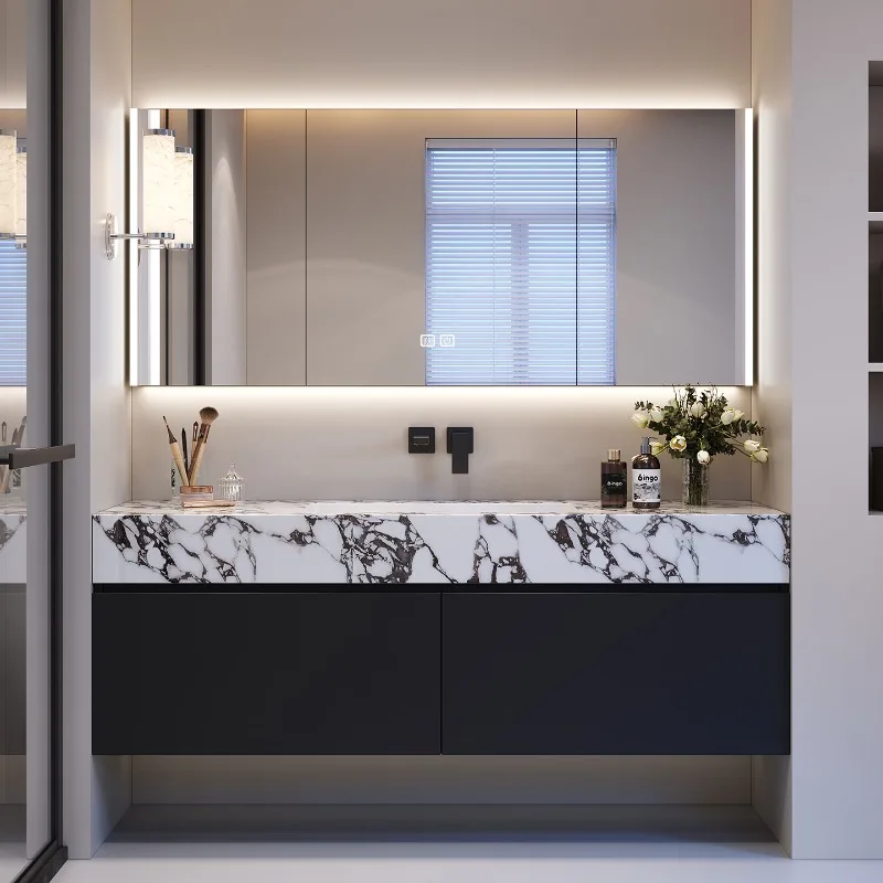 New rock slab seamless ceramic basin minimalist hotel style bathroom rubber wood paint-free bathroom cabinet
New rock slab seamless ceramic basin minimalist hotel style bathroom rubber wood paint-free bathroom cabinet