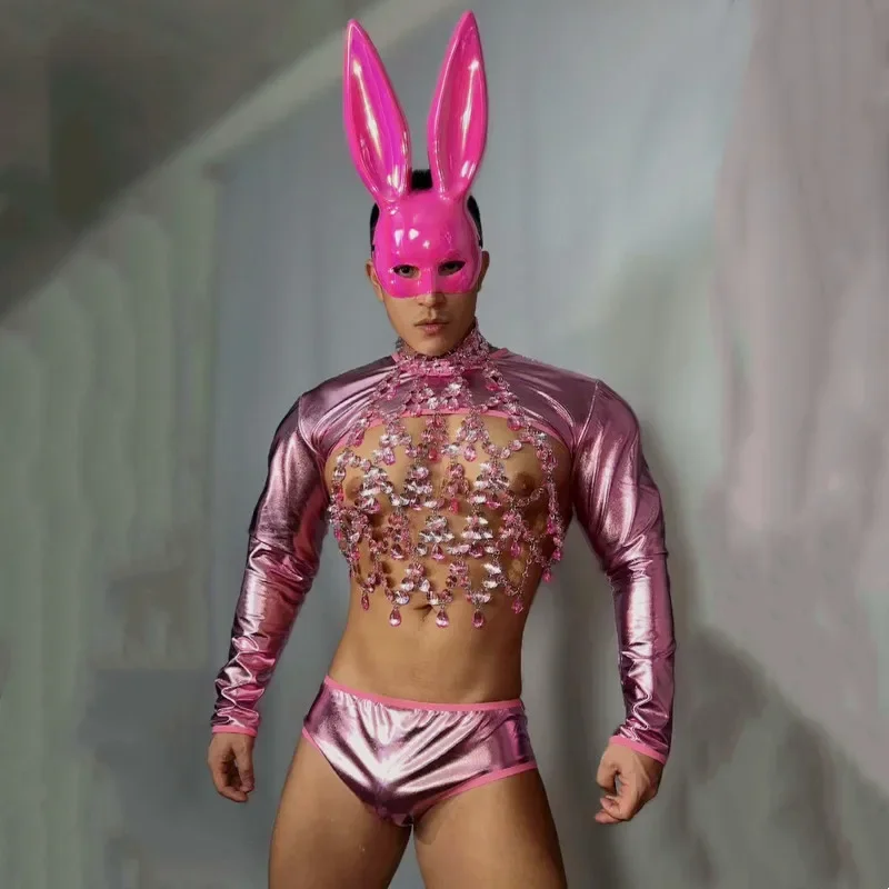 Male Pink Rabbit Masks Rhinestones Chest Chains Sexy Stage Rave Outfits Gogo Dancer Team Nightclub Bar Performance Dance Costume
Male Pink Rabbit Masks Rhinestones Chest Chains Sexy Stage Rave Outfits Gogo Dancer Team Nightclub Bar Performance Dance Costume