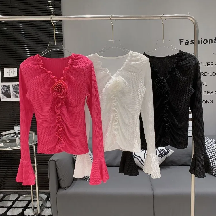 Fashion 3D Flower V-neck Ruched Shirts Women Early Spring New White All-match Blouses Y2k Slim Fit Long Sleeve Blusas Mujer
Fashion 3D Flower V-neck Ruched Shirts Women Early Spring New White All-match Blouses Y2k Slim Fit Long Sleeve Blusas Mujer