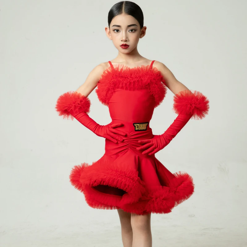 Red Latin Dance Suit Competition Girls Performance Outfit Sling Dress Plush Lace Skirt Children Dance Show Stage Costumes 3611
Red Latin Dance Suit Competition Girls Performance Outfit Sling Dress Plush Lace Skirt Children Dance Show Stage Costumes 3611