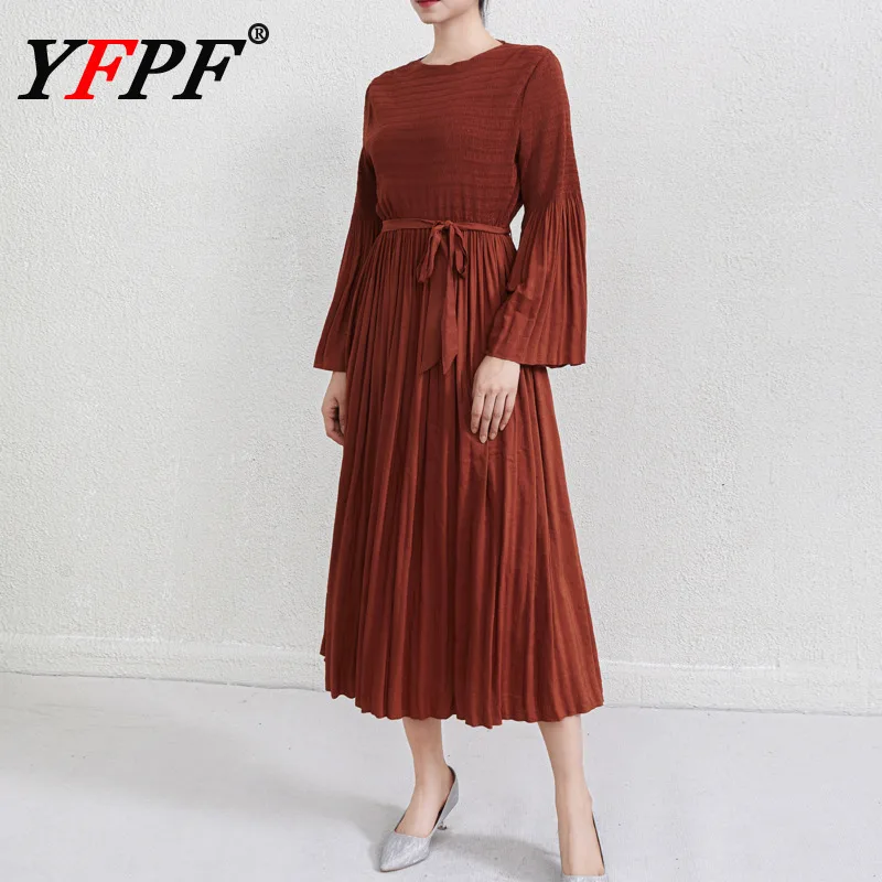 YFPF Miyake Pleated Dress Women Fashion Flare Sleeve Solid Color Gathered Waist A Line Folds Long Dresses 2025 New Clothing
YFPF Miyake Pleated Dress Women Fashion Flare Sleeve Solid Color Gathered Waist A Line Folds Long Dresses 2025 New Clothing