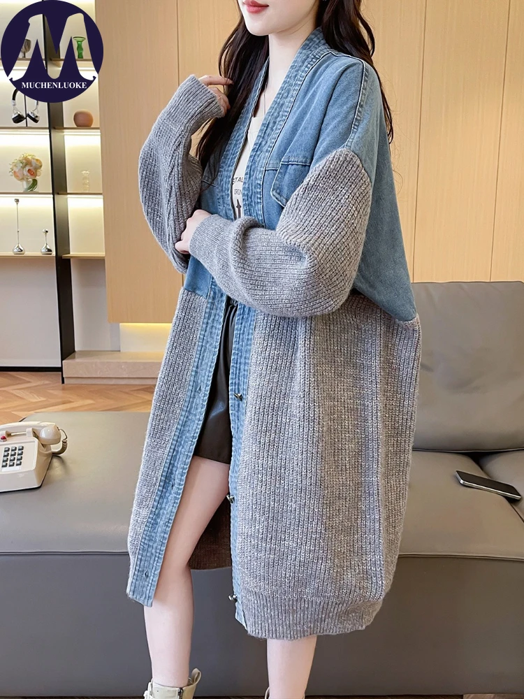 Кардиган для женщин, осенне-зимний лоскутный джинсовый вязаный свитер с v-образным вырезом, пальто средней длины, корейский модный повседневный свободный кардиган
Кардиган для женщин, осенне-зимний лоскутный джинсовый вязаный свитер с v-образным вырезом, пальто средней длины, корейский модный повседневный свободный кардиган