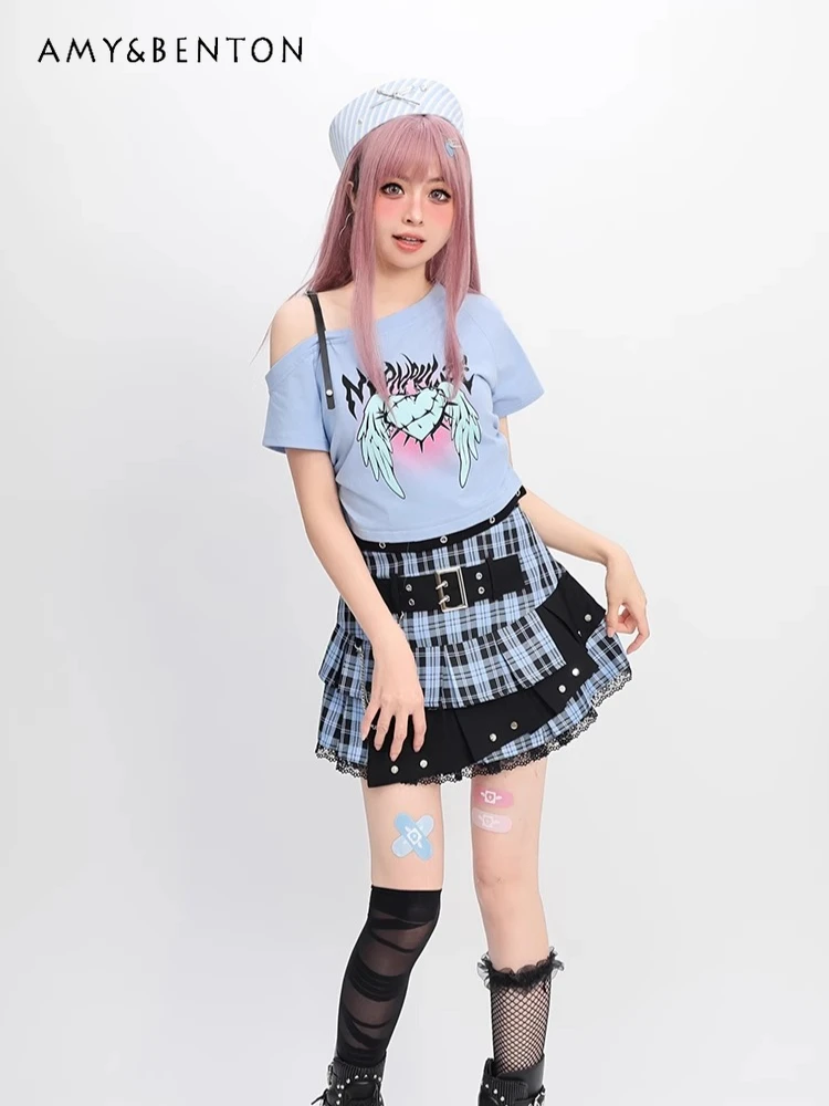 Y2K Subculture Cartoon Printing Off-the-shoulder Short-sleeved T-shirt Splicing Color Plaid Skirt Two Piece Sets Womens Outifits
Y2K Subculture Cartoon Printing Off-the-shoulder Short-sleeved T-shirt Splicing Color Plaid Skirt Two Piece Sets Womens Outifits